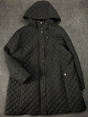 Lauren Ralph Lauren Quilted Long Coat Size 1X Black Hooded Diamond Full Zip